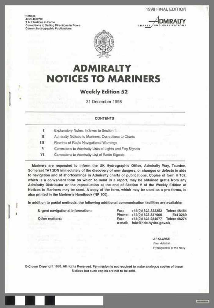 Admiralty Notices to Mariners - Weekly Edition 52 - 1998
