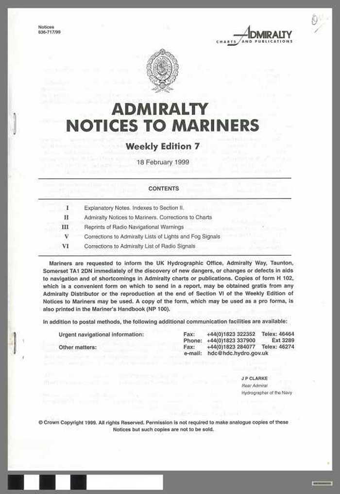 Admiralty Notices to Mariners - Weekly Edition 7 - 1999