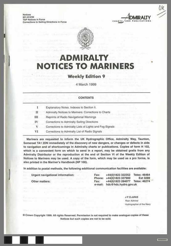 Admiralty Notices to Mariners - Weekly Edition 9 - 1999