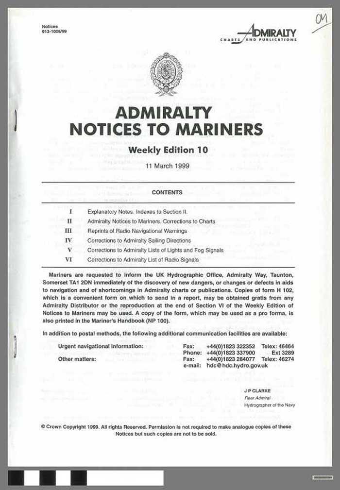 Admiralty Notices to Mariners - Weekly Edition 10 - 1999