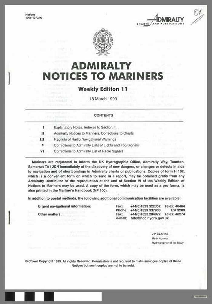 Admiralty Notices to Mariners - Weekly Edition 11 - 1999