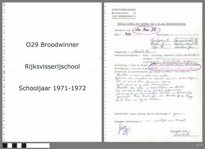 Verslagen opleidingsschip O.29 Broodwinner -  Rijksvisserijschool - Schooljaar 1971-1972