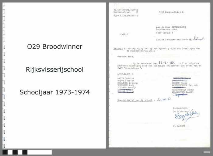 Inschepingsformulieren opleidingsschip O.29 Broodwinner - Rijksvisserijschool - Schooljaar 1973-1974