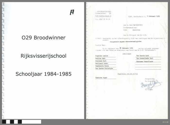 Verslagen opleidingsschip O.29 Broodwinner - Rijksvisserijschool - Schooljaar 1984-1985 - Deel A