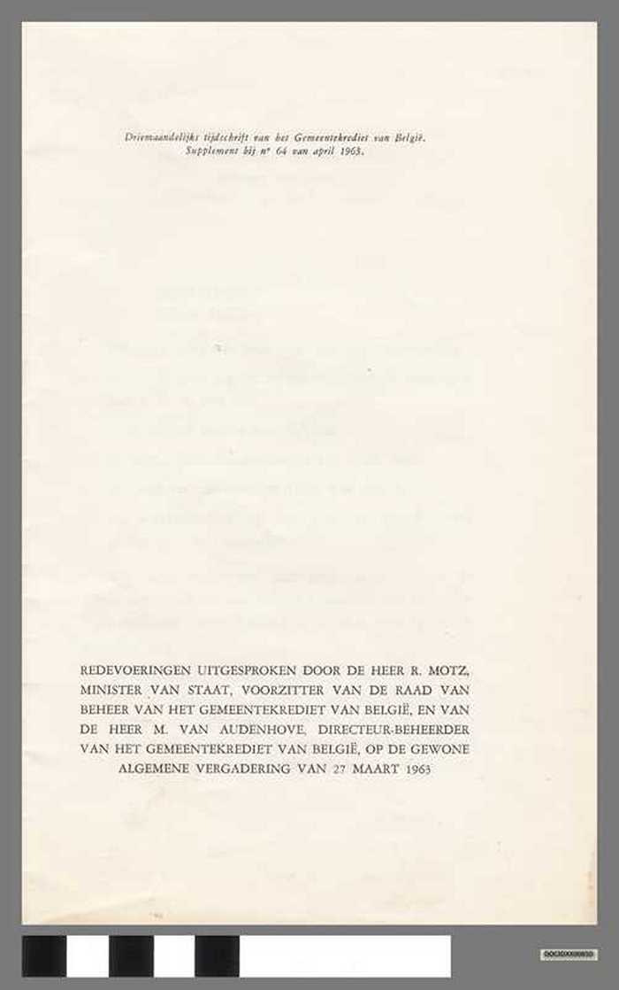 Driemaandelijks tijdschrift van het Gemeentekrediet van België - Supplement bij nr 64 van april 1963