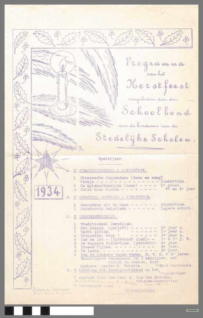 Programma van het Kerstfeest aangeboden door de Schoolbond aan de kinderen van de Stedelijke Scholen van Knokke - 1934
