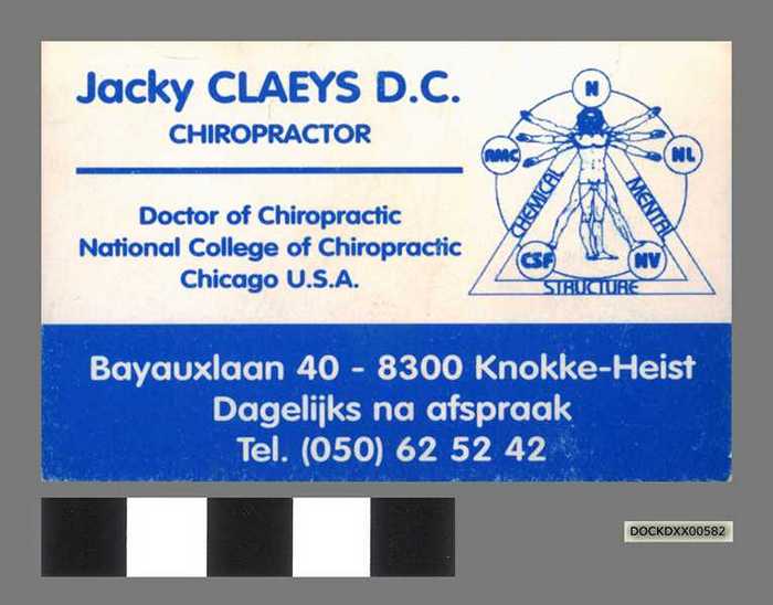 Vistiekaartje: Jacky Claeys D.C., chiropractor