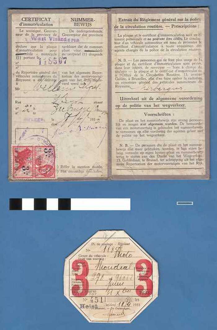 Nummerbewijs en papieren fiscaal kenteken voor motorrijwiel - N° 118507