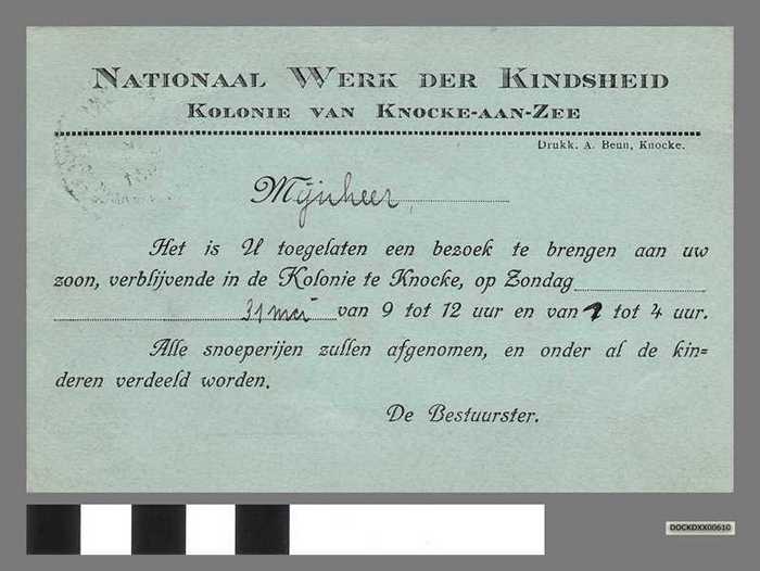 Nationaal Werk der Kindsheid - Kolonie van Knocke-aan-Zee - Bezoekerskaart voor Mr. De Blaere