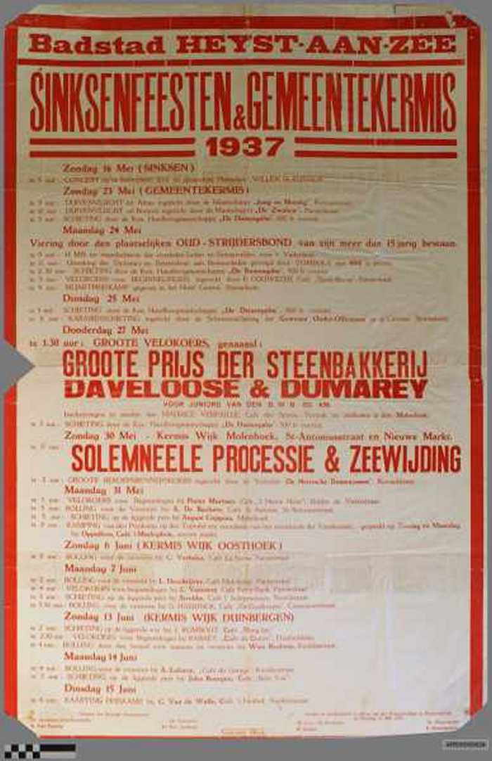 Badstad Heyst - aan- zee, Sinksenfeesten en Gemeentekermis 1937, groote prijs der steenbakkerij, Daveloose en Dumarey, Solemneele processie en zeewijd