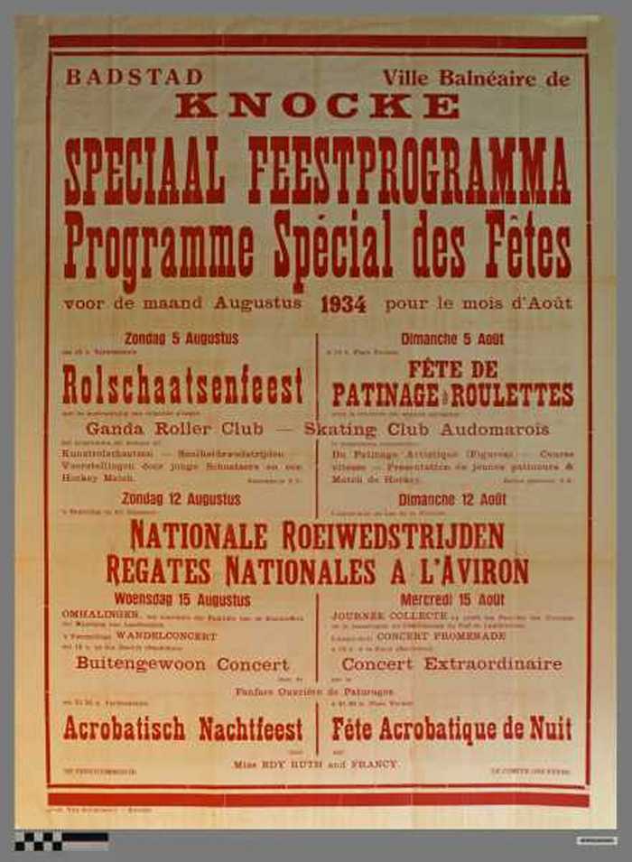 Badstad Knocke, Speciaal Feestprogramma, voor de maand augustus 1934, Rolschaatsenfeest, Nationale Roeiwedstrijden Acrobatisch