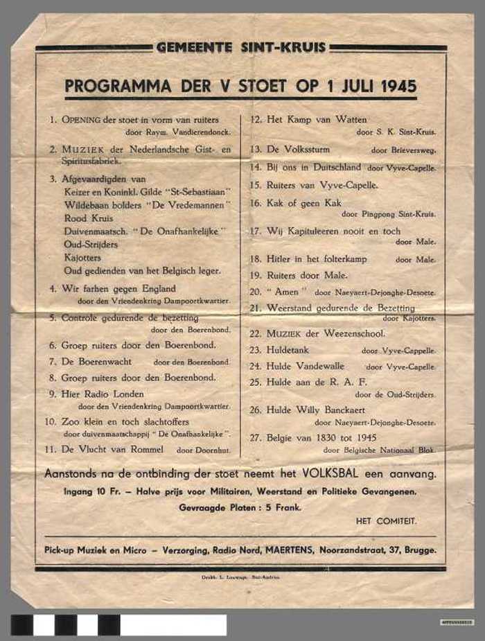 Programma der V Stoet - Gemeente Sint-Kruis - 1 juli 1945