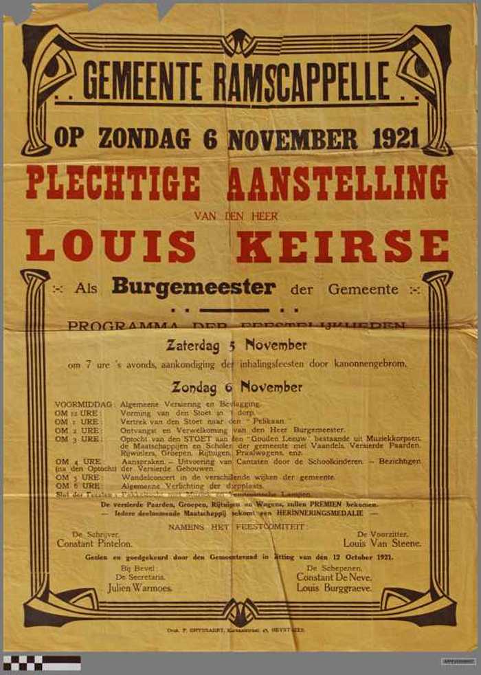 Plechtige aanstelling van Louis Keirse als burgemeester van Ramskapelle in november 1921