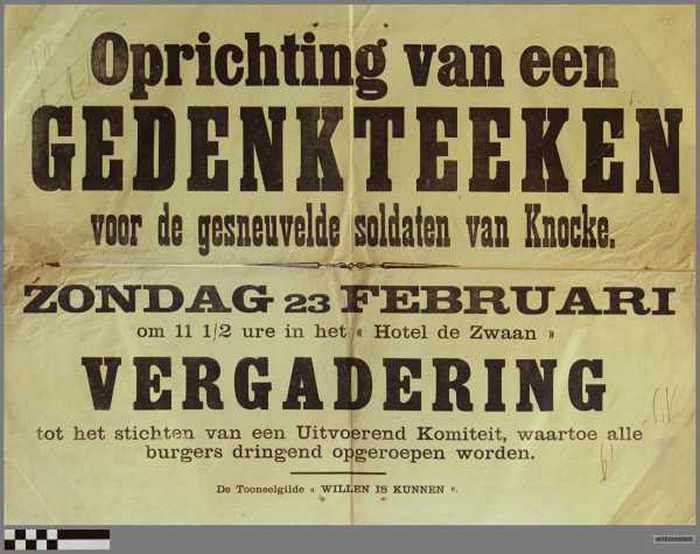 Oproep tot stichten Uitvoeren Comité voor oprichten gedenkteken voor de gesneuvelde soldaten van Knokke tijdens de Eerste Wereldoorlog