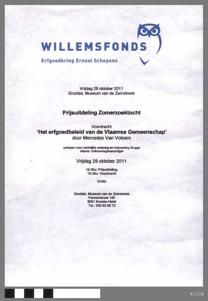 Willemsfonds - Erfgoedkring Ernest Schepens - Prijsuitdeling Zomerzoektocht 2012