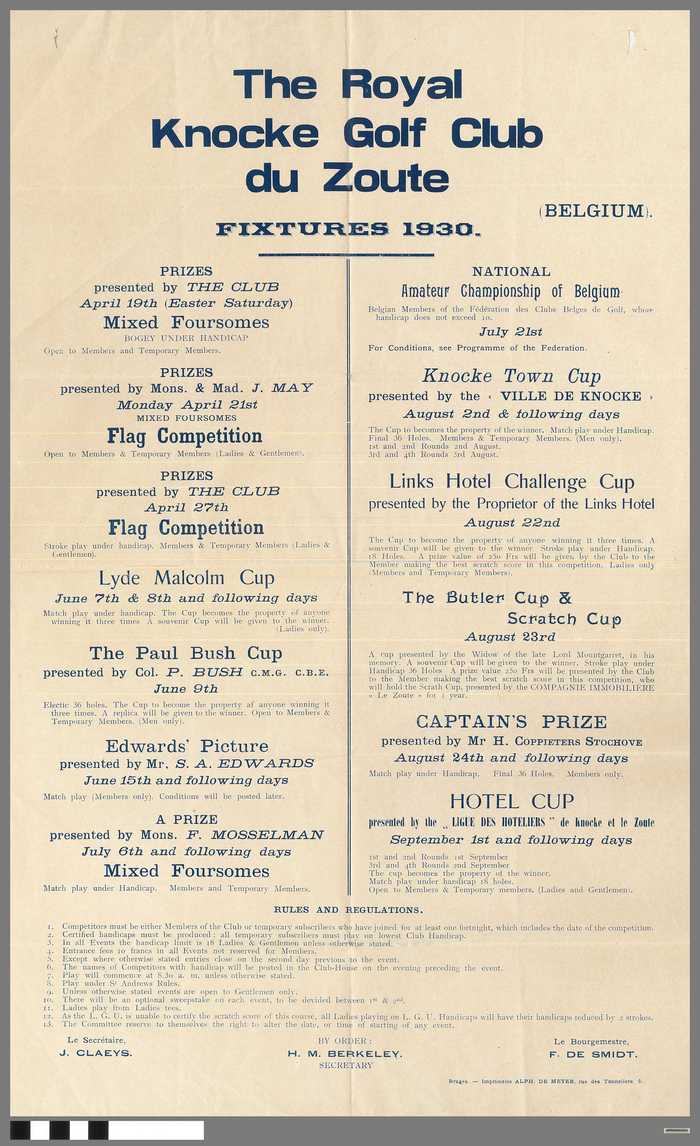 The Royal Knocke Golf Club du Zoute - Fixtures 1930