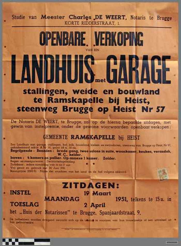 Openbare verkoping van een landhuis met garage, stallingen, weide en bouwland te Ramskapelle bij Heist, Steenweg van Brugge op Heist Nr 57.