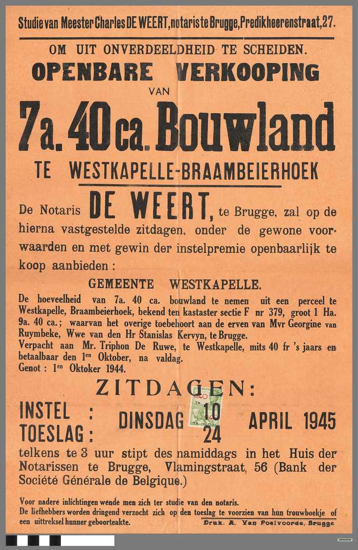 Openbare verkooping van 7 a. 40 ca. bouwland - Braambeierhoek - Westkapelle