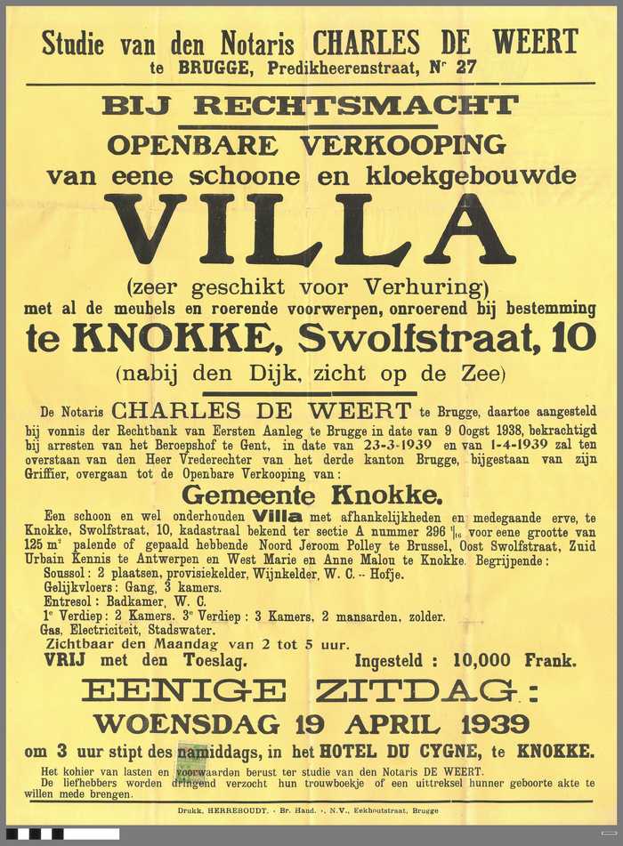 Openbare verkooping van eene schoone en kloekgebouwde villa - Swolfstraat 10 - Knokke