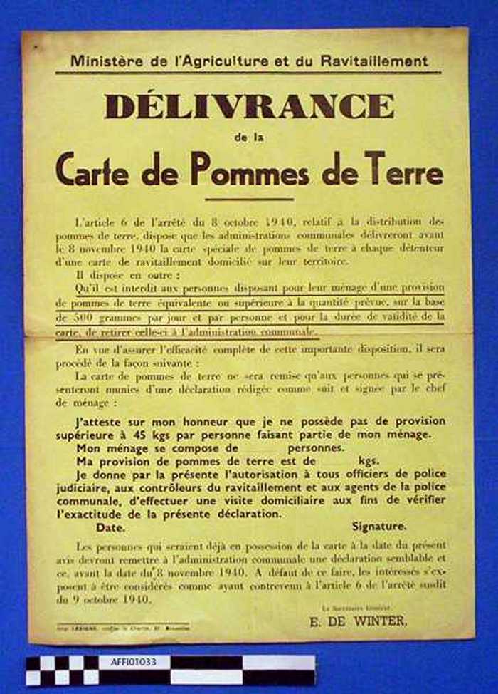 Ministère de lAgriculture et du Ravitaillement. DELIVRANCE DE LA CARTE DE POMMES DE TERRE. Larticle 6 de larrêté de 8 octobre 1940, relatif à la di
