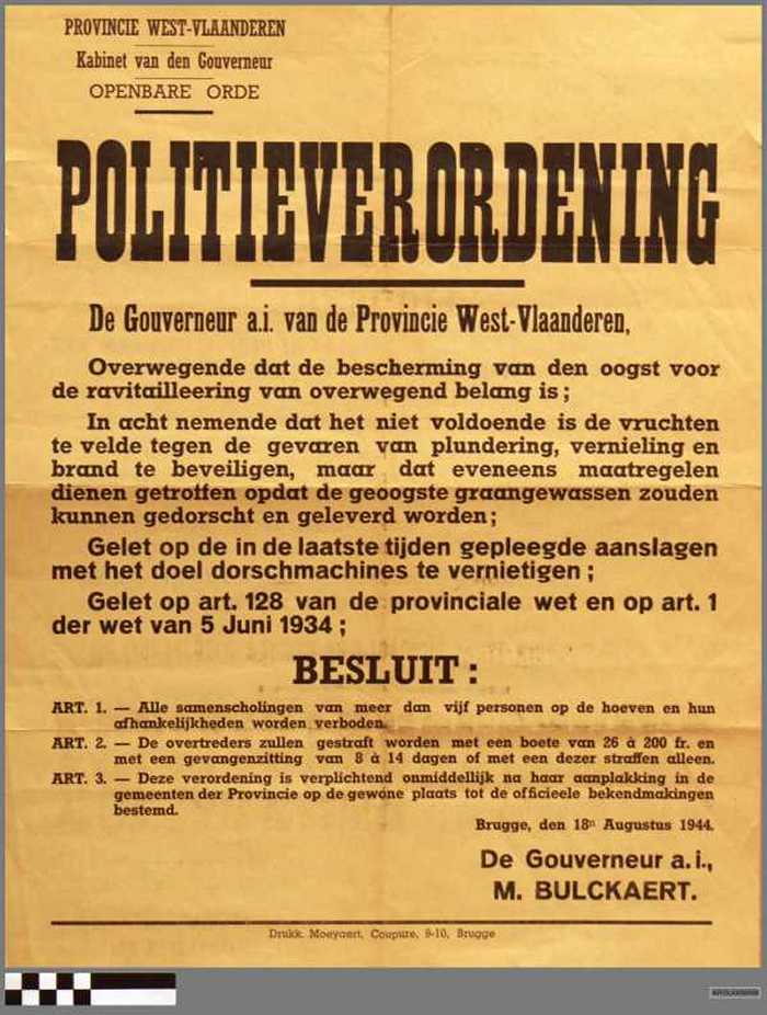 Politieverordening vanwege de Provincie Gouverneur van West-Vlaanderen betreffende de bescherming van de oogst