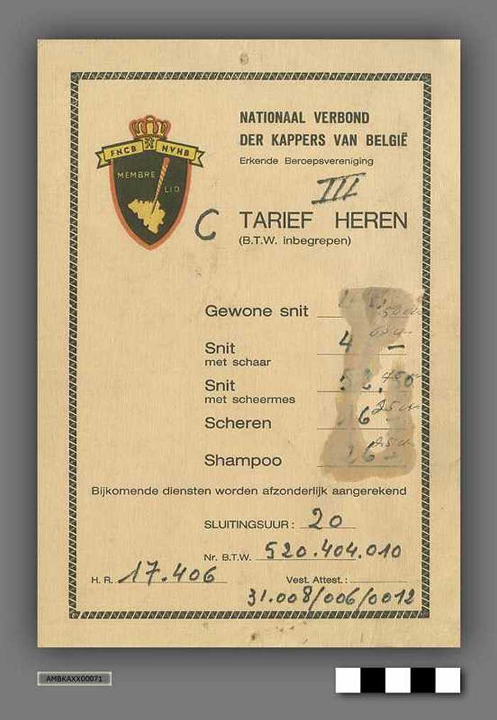 Tariefkaart - Nationaal verbond der kappers van België