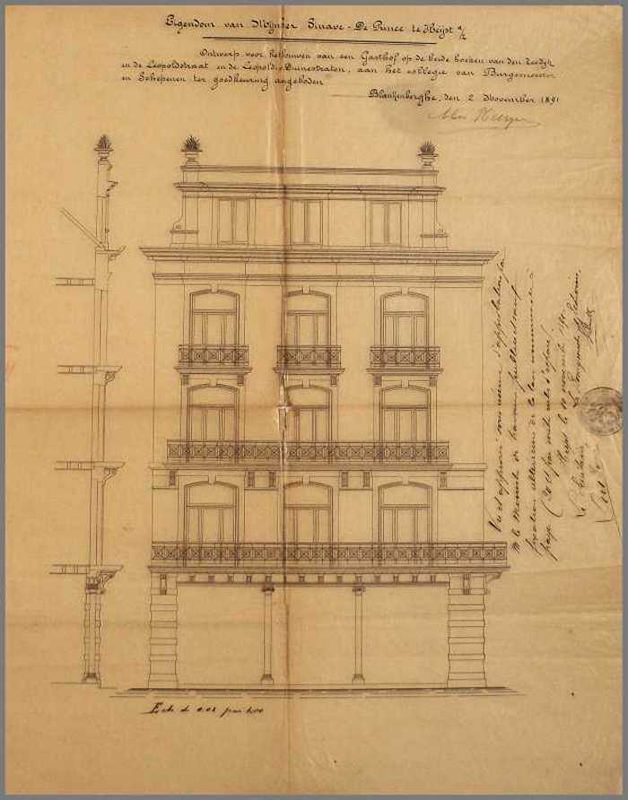 Ontwerp voor het bouwen van een Gasthof op de beide hoeken van den Zeedijk, Leopoldstraat en Duinenstraat voor mijnheer Sinave-De Prince te Heyst a/z