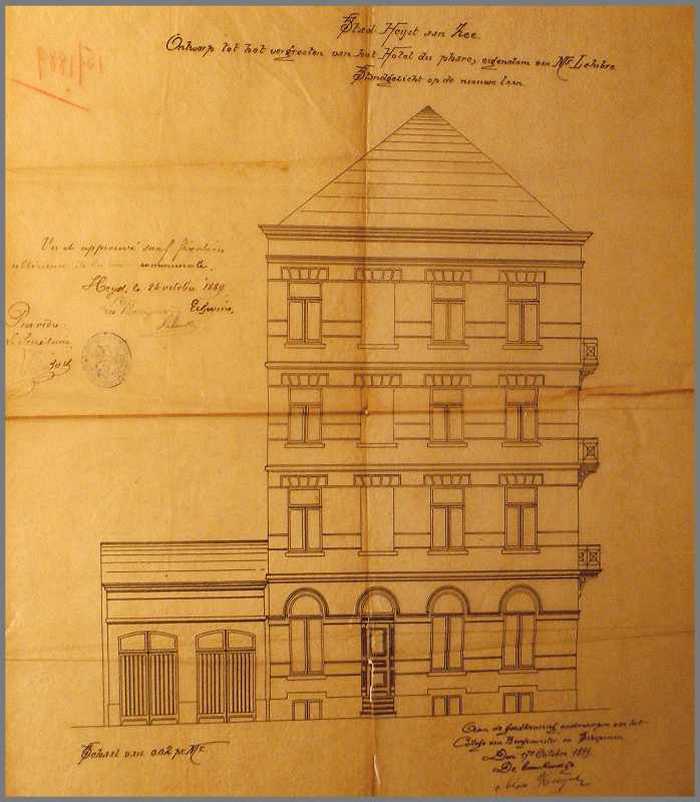 Stad Heyst-aan-Zee - Ontwerp tot het vergrooten van het Hotel du Phare, eigendom Mr. Lelubre. Standgezicht op de nieuwe laan