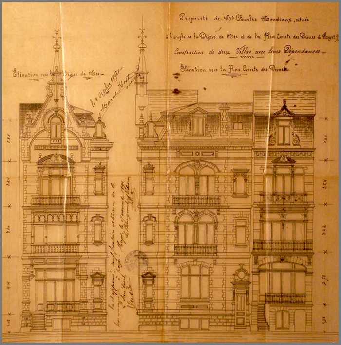 Propriété de Mr. Charles Mendiaux, située à langle de la Digue de Mer et de la Rue Courte des Dunes à Heyst s/m - Construction de deux villas