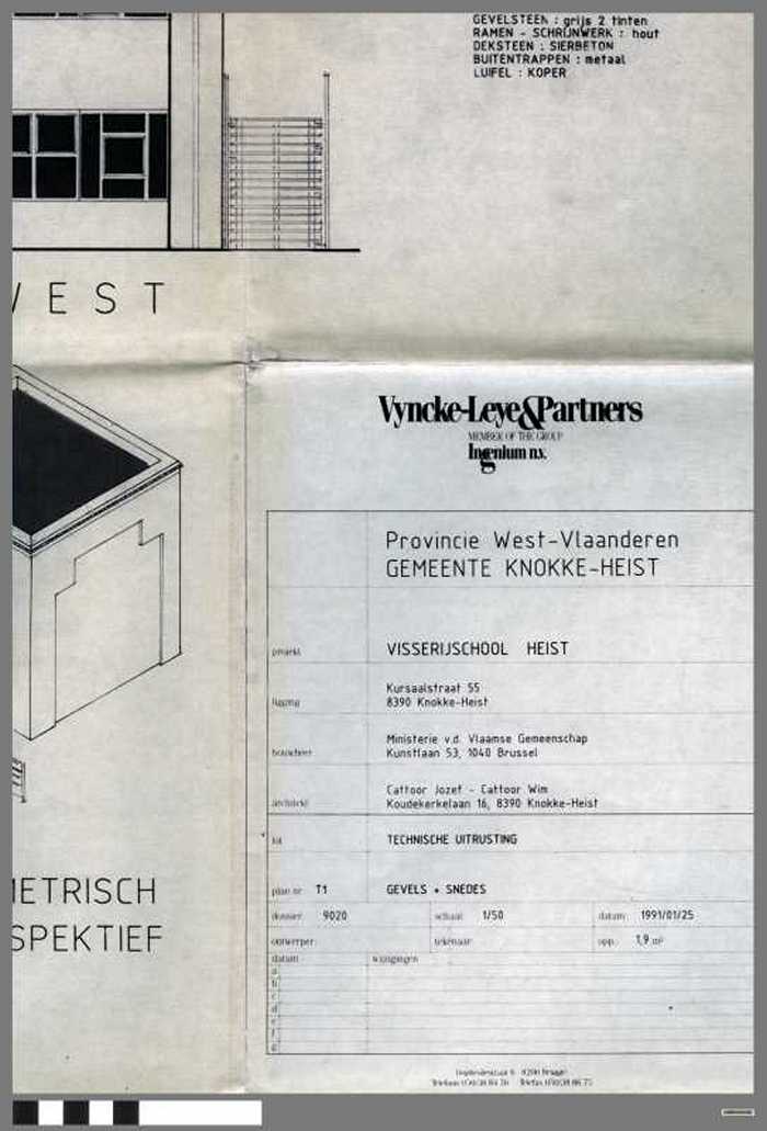 Provincie West-Vlaanderen - Gemeente Knokke-Heist - Visserijschool Heist -  Plan T1 - Gevels en snedes - Technische uitrusting