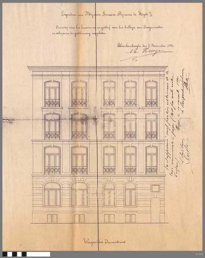 Ontwerp voor het bouwen van een gasthof. Voorgevel Duinenstraat. Eigendom van Mijnheer Sinaeve-Deprince te Heyst a/z