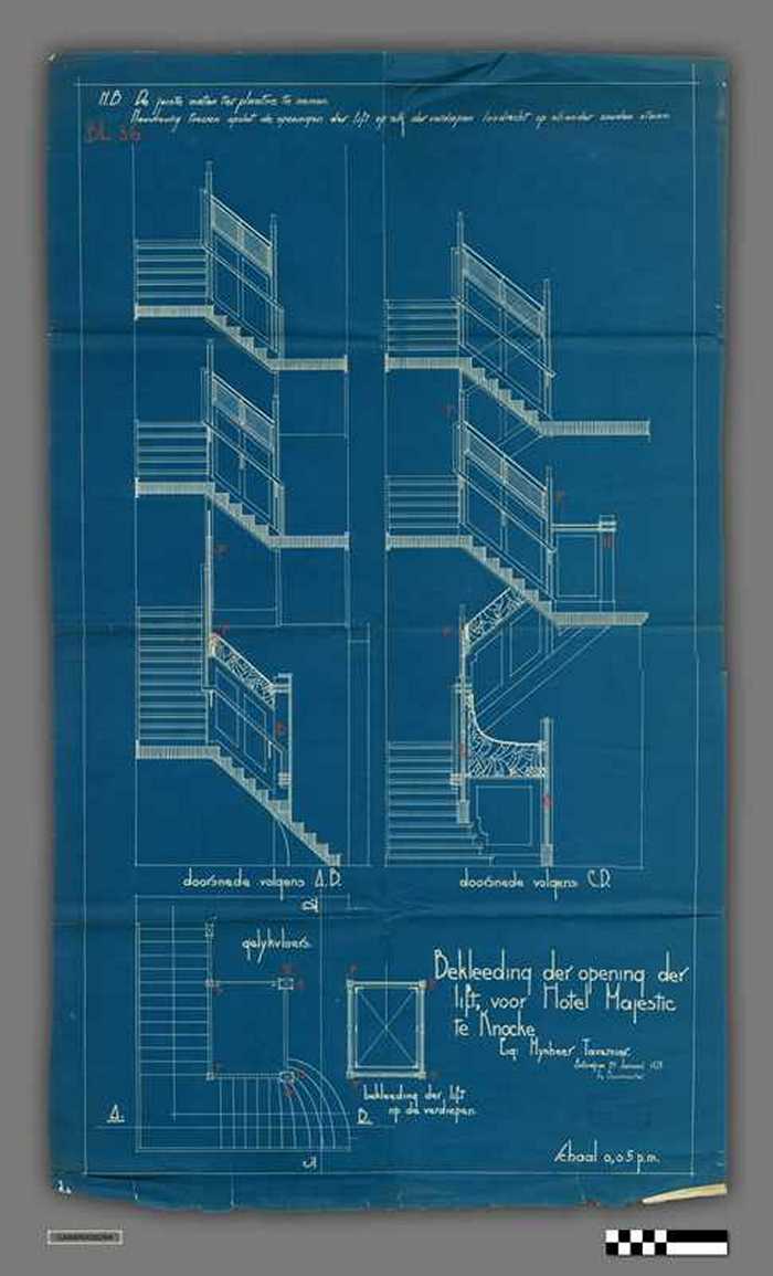 Bouwplan: Blauwdruk trappenhal - Hotel Majestic Knokke