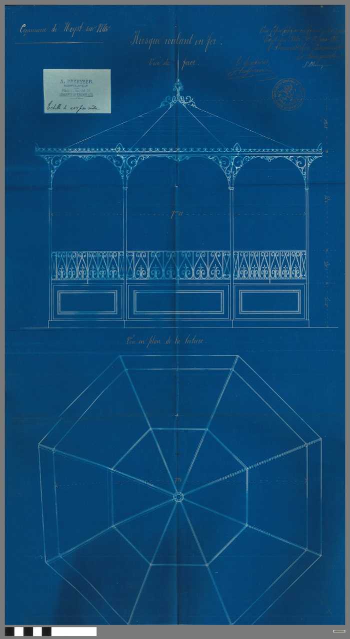 Heyst sur Mer - Plan Kiosque roulant en fer - Vue en face  - Vue en plan de la toiture