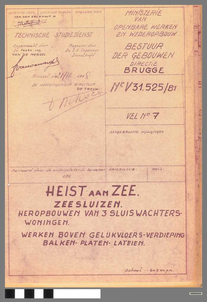 Heist aan Zee - Zeesluizen - Heropbouwen van 3 sluiswachterswoningen - Werken boven gelijkvloers - Verdieping - Balken - Platen - Lateien - Vel nr. 7