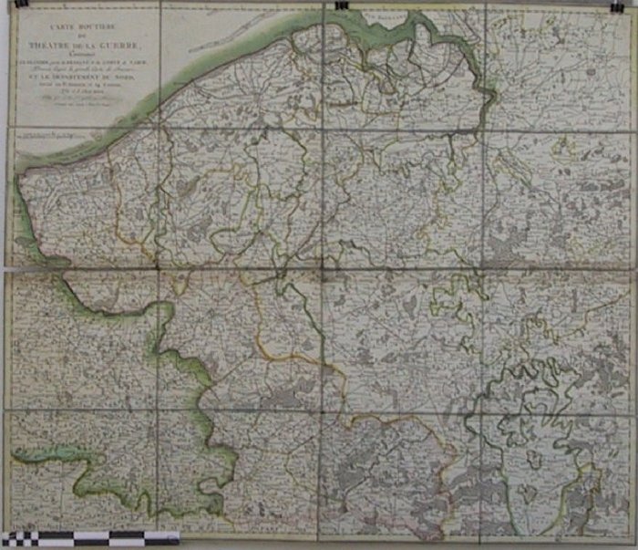 Carte routière du théatre de la guerre contenant la Flandre, partie du Brabant et du comté de Namur dressée daprès la grande carte de Ferrari, et le
