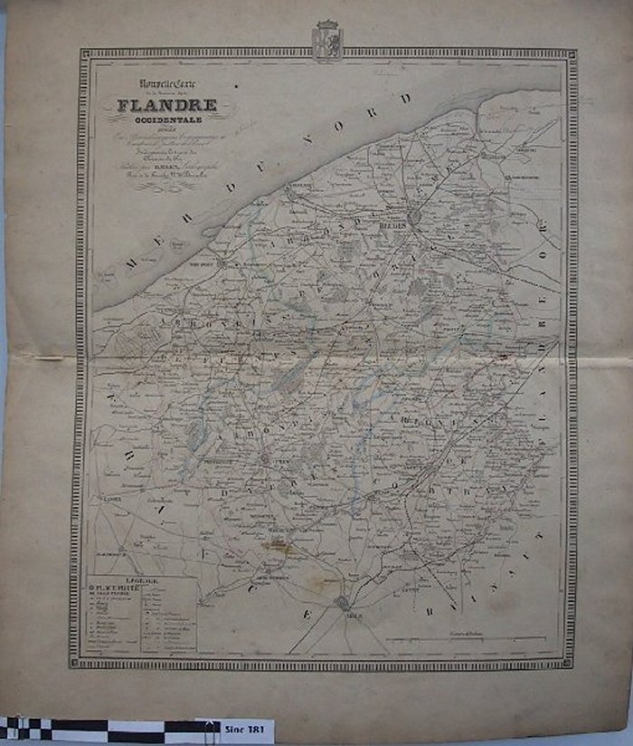 Nouvelle carte de la Province de la Flandre Occidentale divisée en arrondissements Communaux et Cantons de Justice de Paix Indiquant le tracé du Chemi