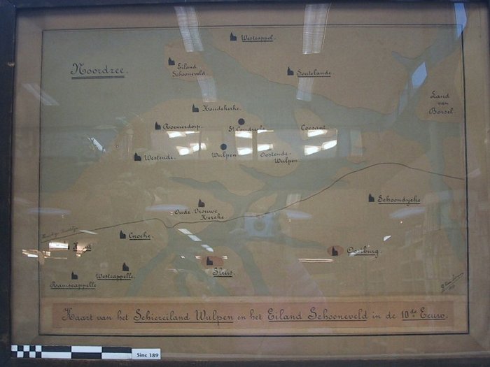 Kaart van het Schiereiland Wulpen en het Eiland Schooneveld in de 10de eeuw