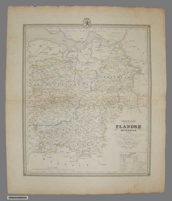 Nouvelle carte de la Province de la Flandre Orientale divisée en arrondissents communaux et cantons de Justice de Paix indiquant le tracé du chemin de