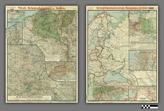 Paasche's Frontenkarte: Westl. Kriegsschauplatz. u. Italien - Die neuen Randstaaten im Osten. Mazedonien u. der Orient - Nr 23