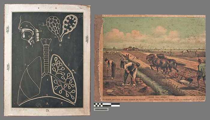 Vooraan: De menselijke ademhaling. Achteraan: Ploegen, spitten, zaaien, eggen en poten