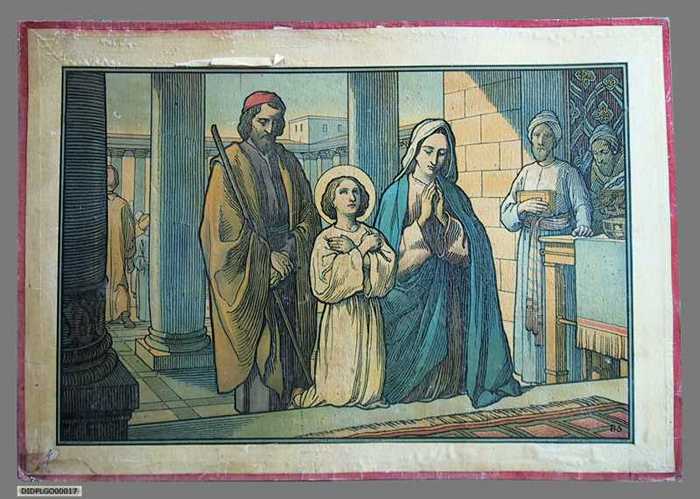 Wanbild N° 22 z. Kathol. Schulbibelwerk v. Dr Ecker (De Heilige Familie in de Tempel)