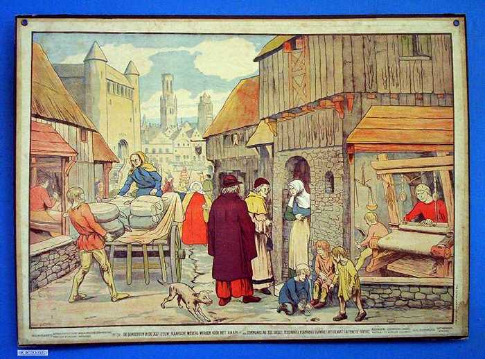 De gemeenten in de XIIIe eeuw: Vlaamsche wevers werken vóór het raam