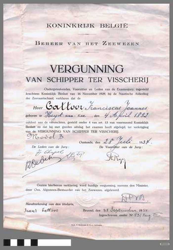 Vergunning van Schipper ter Visscherij - Cattoor Franciscus Joannes.