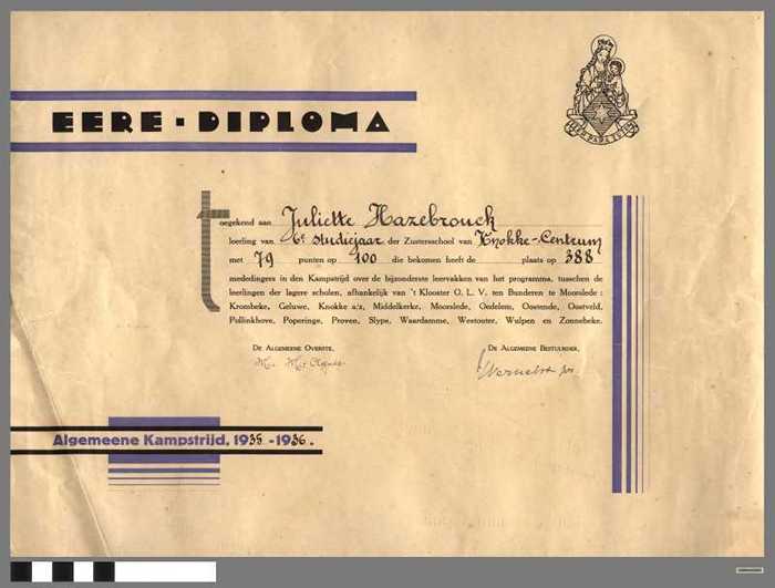 Eere-Diploma - Kampstrijd 1935-1936 - Juliette HAZEBROUCK