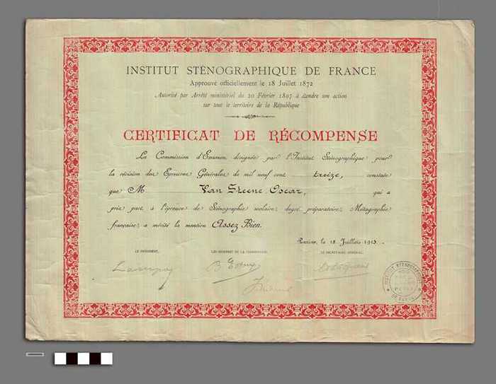 Certificat de Récompense - Sténographie scolaire - Institut Sténographique de France - VAN STEENE Oscar