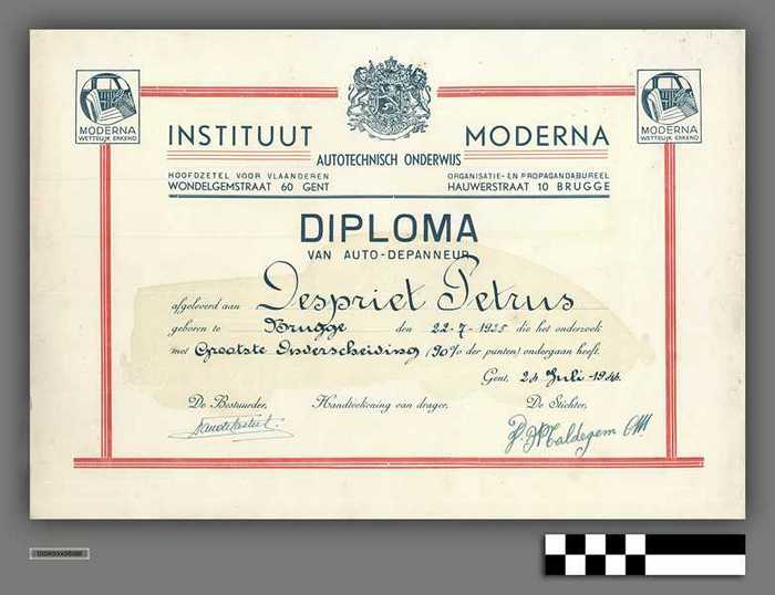 Diploma van auto-depanneur - Instituut Moderna - DESPRIET Petrus