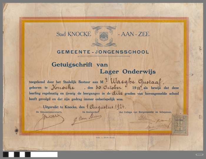 Getuigschrift van lager onderwijs - Gemeente - Jongensschool - Waeghe Gustaaf - 1924