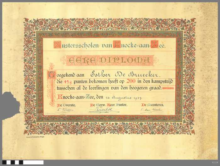 Getuigschrift: Zusterscholen Knocke aan Zee - Eerediploma - Kampstrijd: Esther De Bruecker - 1917
