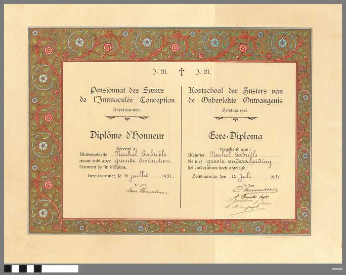 Eere- Diploma Kostschool der Zusters van de Onbevlekte Ontvangenis, Heist-aan-zee toegekend aan Mejuffer Rachel Gabriëls den 12 Juli 1931