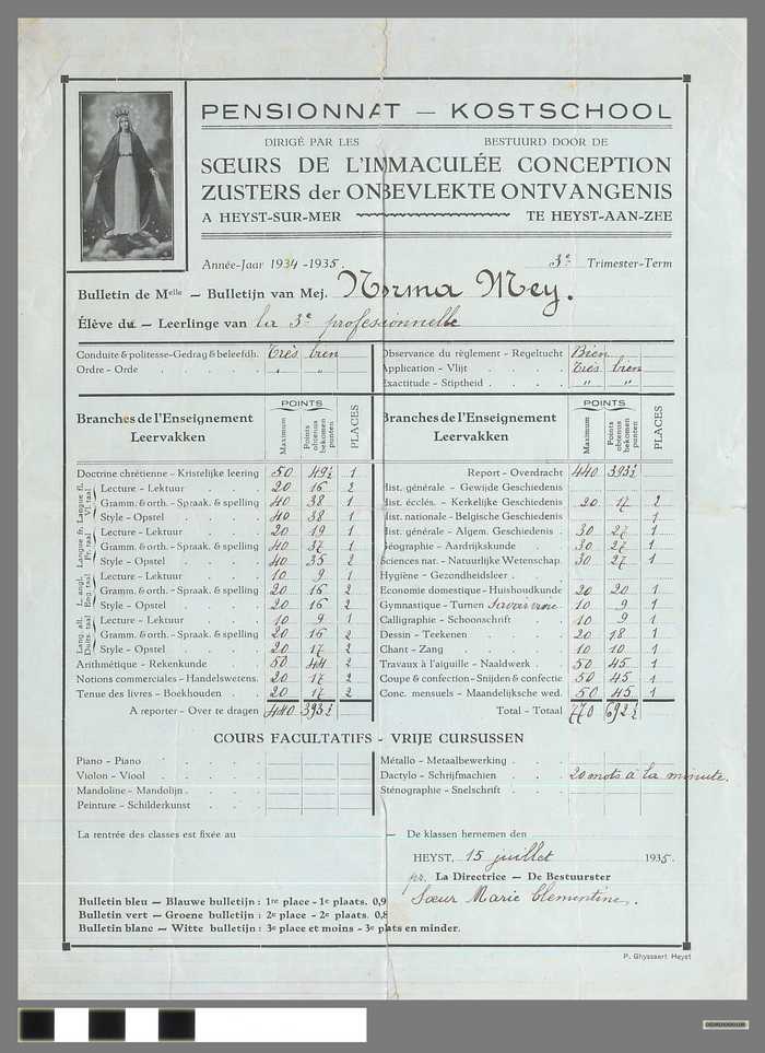 Rapport van Mej. Norma Mey - 1934-1935 - 3e term - Kostschool Zusters der Onbevlekte Ontvangenis te Heyst-aan-Zee